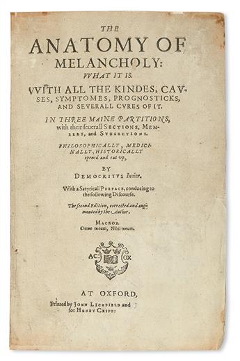 BURTON, ROBERT.  The Anatomy of Melancholy . . . Second Edition.  1624